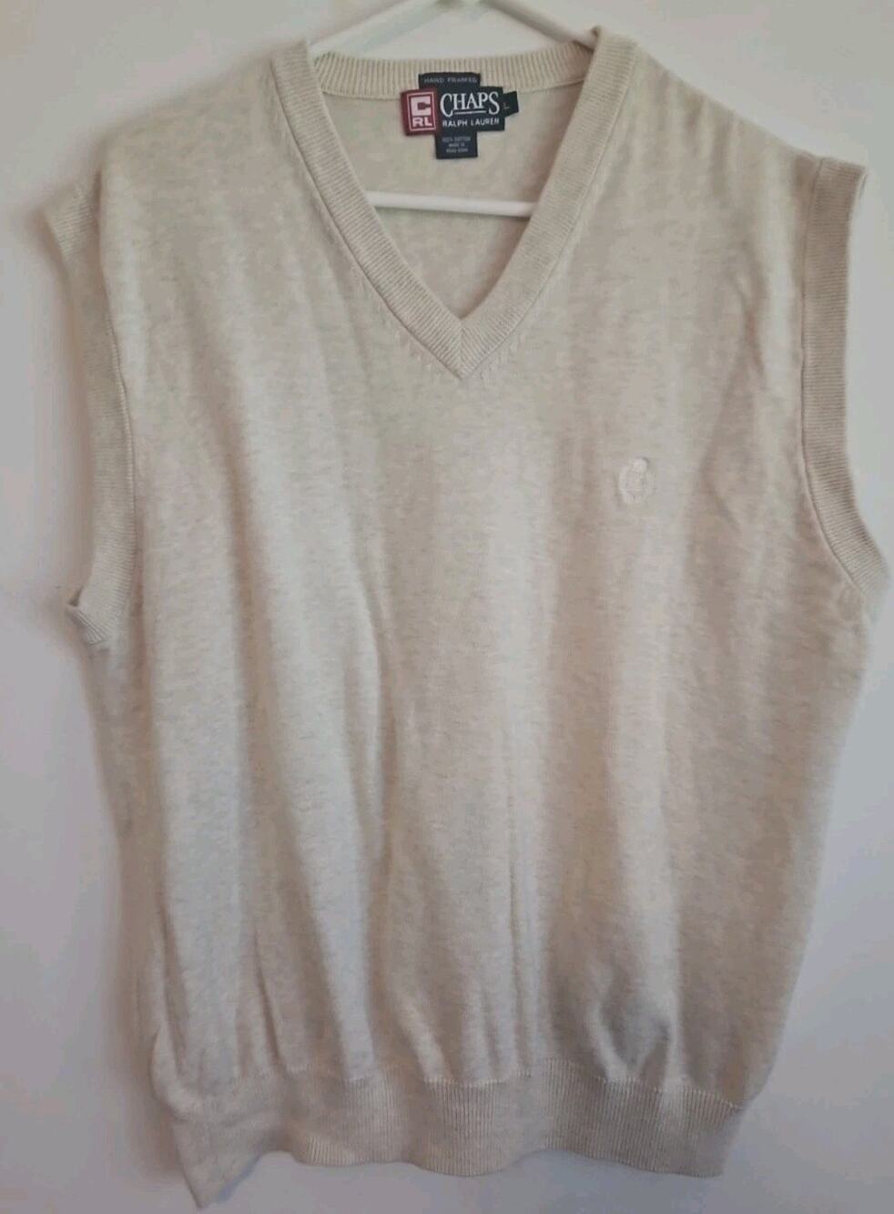 Chaps Ralph Lauren Vest Mens Size L Beige V-Neck Cotton Hand Framed